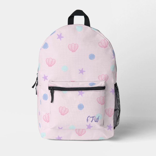 Monogram Pastel Seashells and Pearls in Pink Bedruckter Rucksack (Vorderseite)