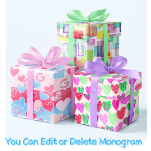 Monogram Pastel Watercolor Herz Pink Blau Elegant Geschenkpapier Set