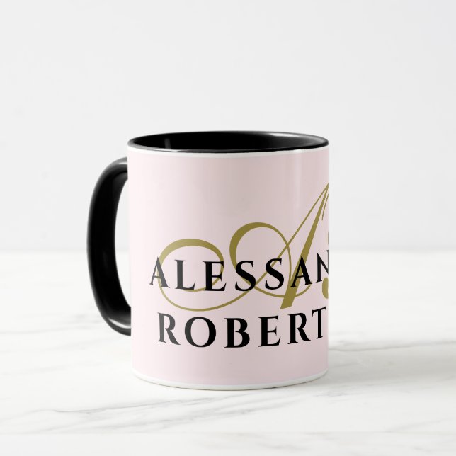 Monogram Pastell Pink Gold Schwarzer Name Minimali Tasse (Vorderseite Links)