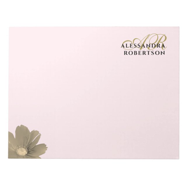 Monogram Pastell Rosa Gold Blumen Wasserfarbe Chic Notizblock (Vorderseite)