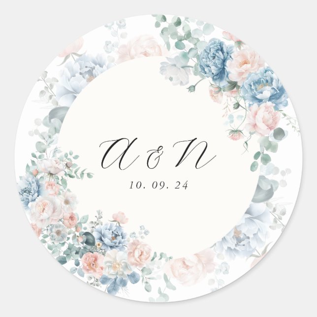 Monogram Peach Dusty Blue Faded Floral Wedding Runder Aufkleber (Vorderseite)