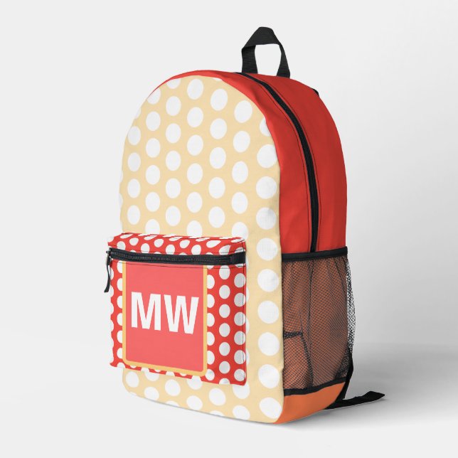 Monogram Peach Fruit White Polka Dots Bedruckter Rucksack (Rückseitige Ecke Rechts)