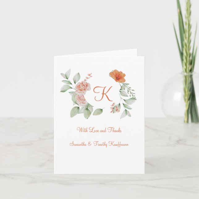 Monogram Peach Green Floral Wedding Danke (Vorderseite)