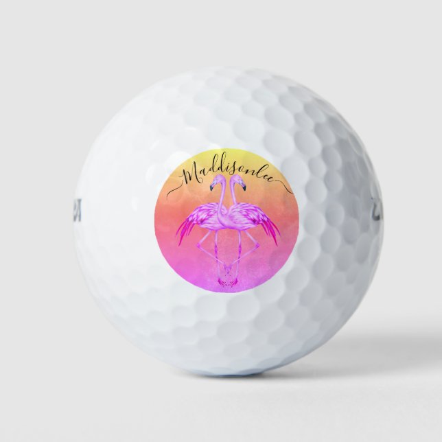 Monogram Peach name Two Pink Flamingos Golf Balls Golfball (Vorderseite)