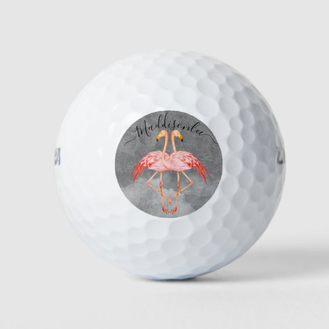 Monogram Peach name Two Pink Flamingos Golf Balls Golfball (Vorderseite)