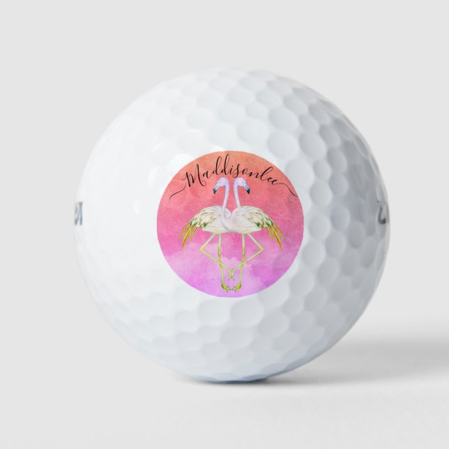 Monogram Peach name Two Pink Flamingos Golf Balls Golfball (Vorderseite)