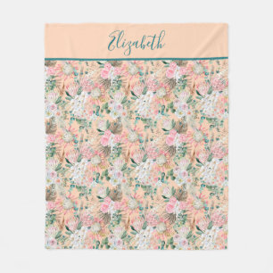 Monogram Peach Pink White Green Floral Eukalyptus Fleecedecke
