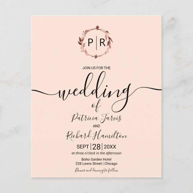 Monogram Peach Rose Budget Hochzeitseinladung (Vorderseite)