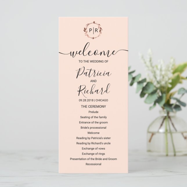Monogram Peach Rose Gold Foil Wedding Program Programm (Stehend Vorderseite)