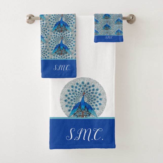 Monogram Peacock Aquamarin Blau-Weiß-Monogramm Badhandtuch Set (Insitu)