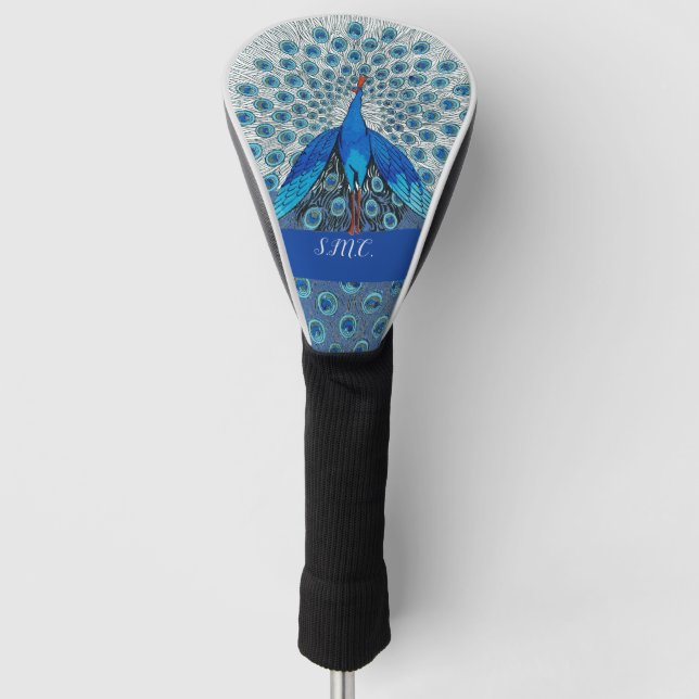 Monogram Peacock Aquamarin Blau-Weiß-Monogramm Golf Headcover (Vorderseite)