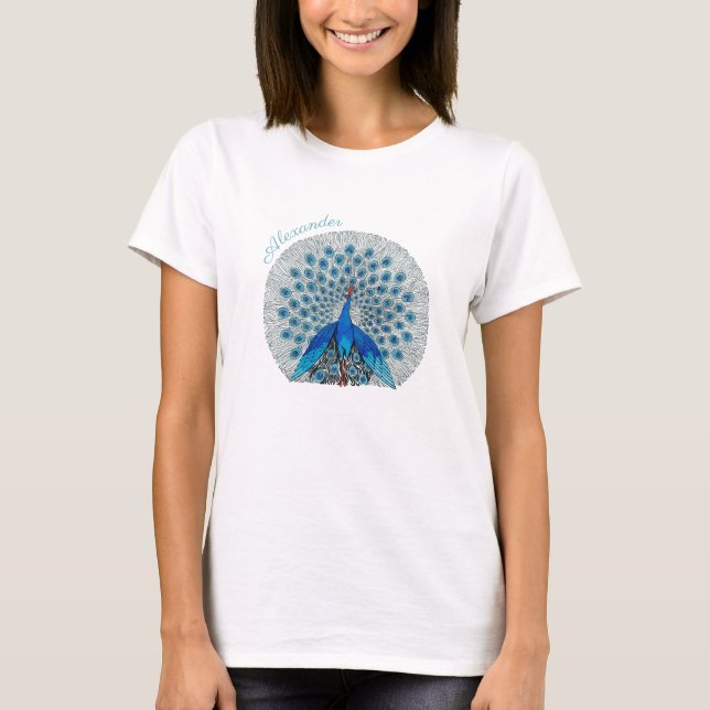 Monogram Peacock Aquamarin Blau-Weiß-Monogramm T-Shirt (Vorderseite)