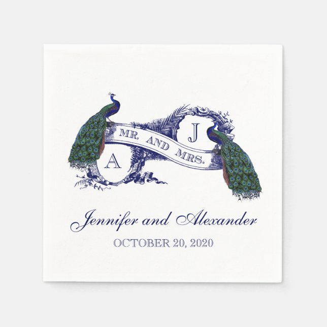 Monogram Peacock Wedding Paper Napkins Serviette (Vorderseite)