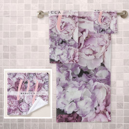 Monogram Peony Rose Floral Pink Script Badhandtuch Set
