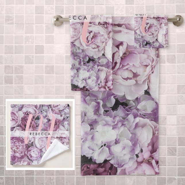 Monogram Peony Rose Floral Pink Script Badhandtuch Set (Monogram Peony Roses Floral Pink Script Bath Towel Set)