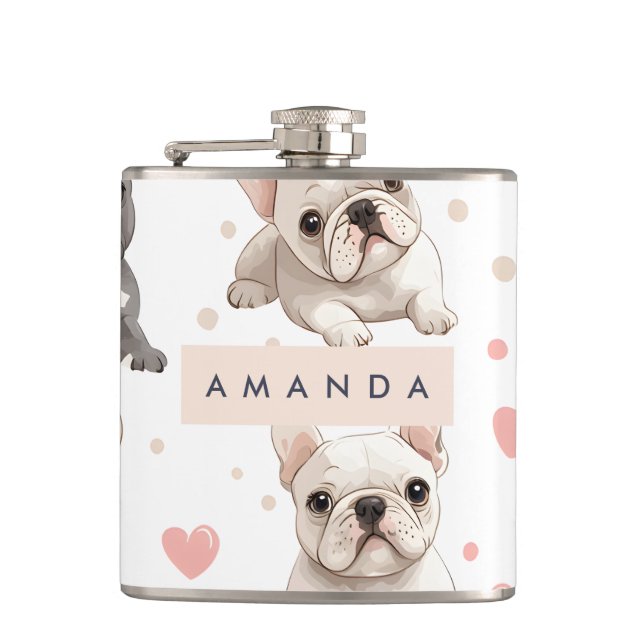 Monogram Personalisiert Adorable French Bulldog Flachmann (Vorderseite)