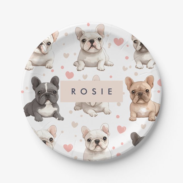 Monogram Personalisiert Adorable French Bulldog Pappteller (Vorderseite)