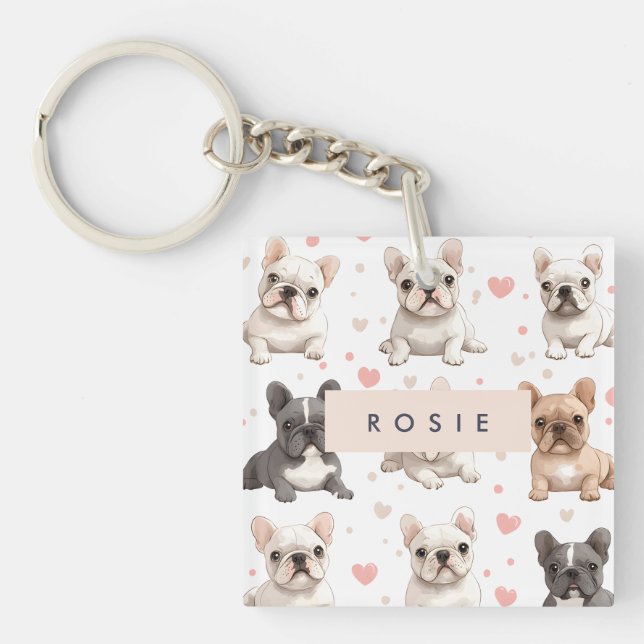 Monogram Personalisiert Adorable French Bulldog Schlüsselanhänger (Vorderseite)