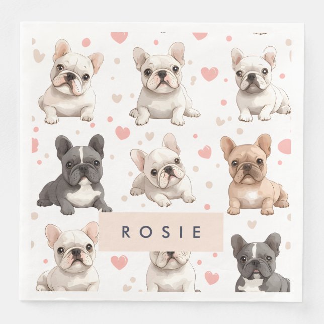 Monogram Personalisiert Adorable French Bulldog Serviette (Vorderseite)