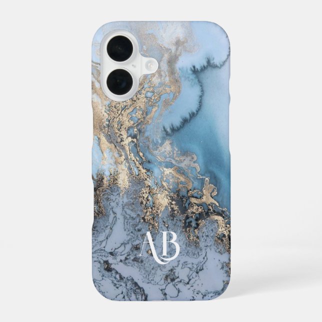 Monogram Personalisiert Blue Marble iPhone Case 16 Hülle (Rückseite)