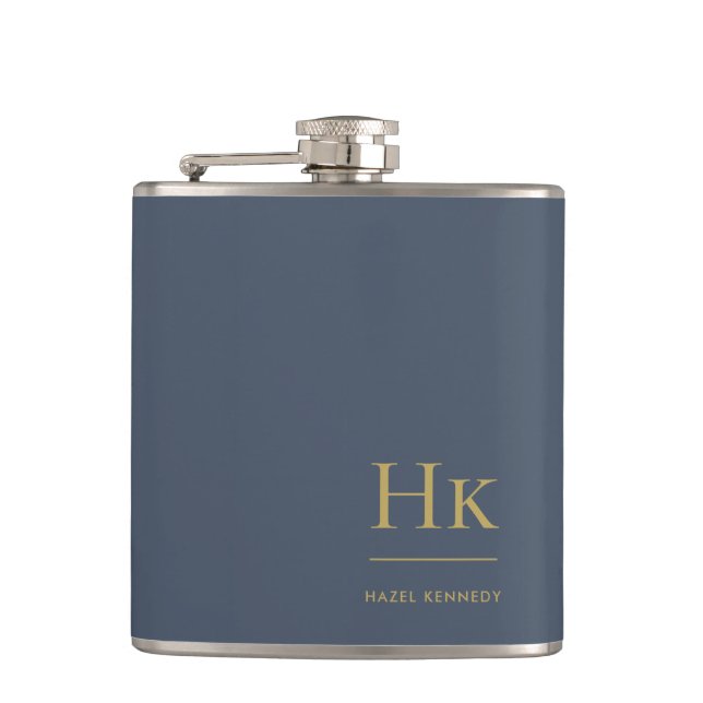 Monogram Personalisiert Classic Navy Blue Gold Flachmann (Vorderseite)