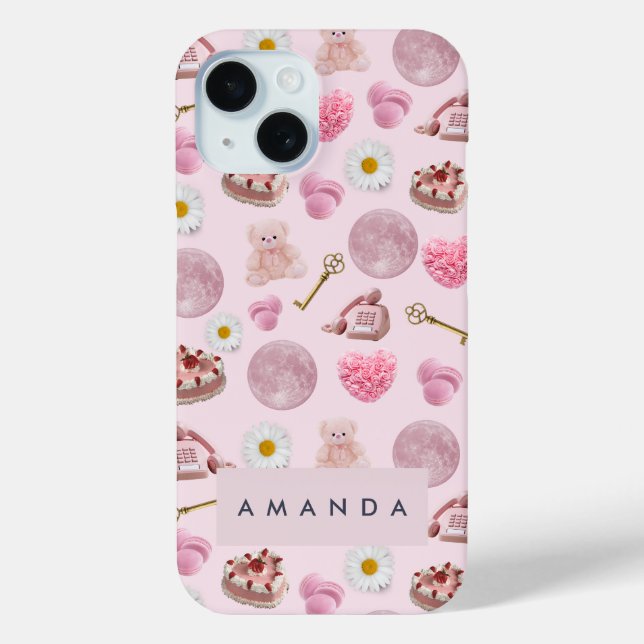 Monogram Personalisiert Coquette Pink Moon Feminin Case-Mate iPhone Hülle (Rückseite)