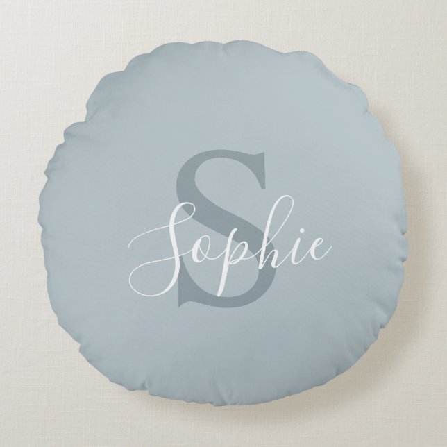 Monogram personalisiert Modern Blue Family Name Rundes Kissen (Vorderseite)