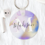 Monogram, personalisiert Name Lila Watercolor Glam Schlüsselanhänger<br><div class="desc">Diese abstrakte lila Aquarellfarbe und das goldene Imitat bespritzen den Hintergrund mit Ihren individuellen Details.</div>