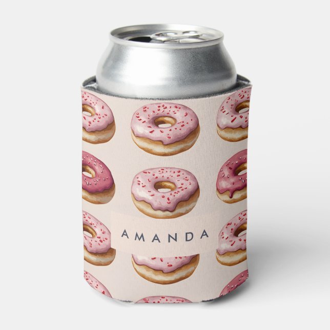 Monogram Personalisiert Pink Donut Pattern Dosenkühler (Kanne Vorderseite)