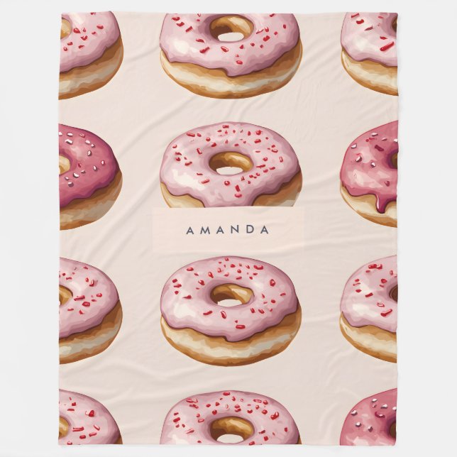 Monogram Personalisiert Pink Donut Pattern Fleecedecke (Vorderseite)