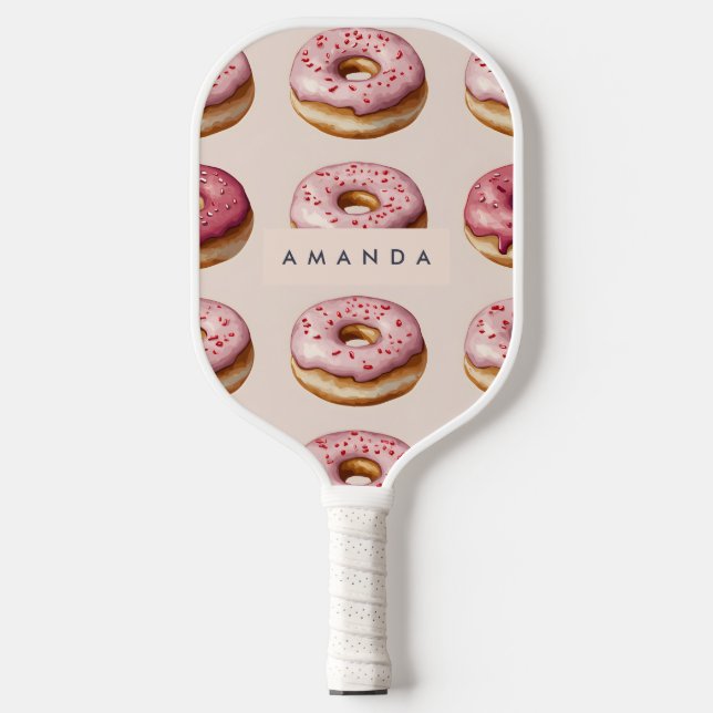Monogram Personalisiert Pink Donut Pattern Pickleball Schläger (Vorderseite)