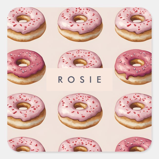 Monogram Personalisiert Pink Donut Pattern Quadratischer Aufkleber (Vorderseite)