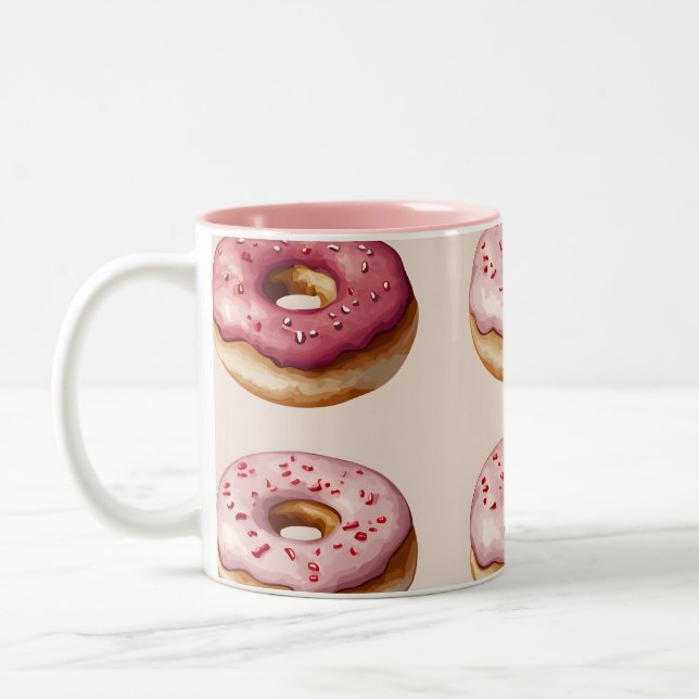 Monogram Personalisiert Pink Donut Pattern Zweifarbige Tasse (Links)
