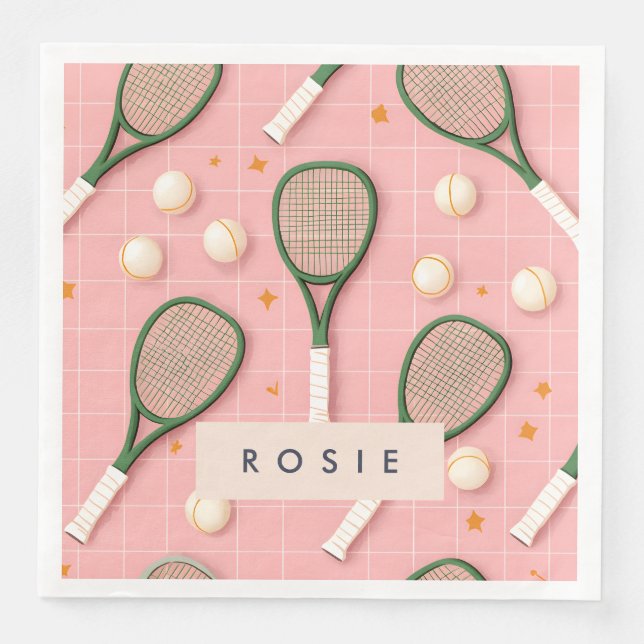 Monogram Personalisiert Retro Tennis Racket Muster Serviette (Vorderseite)