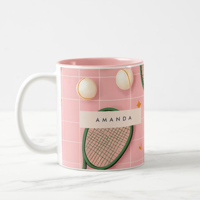 Monogram Personalisiert Retro Tennis Racket Muster Zweifarbige Tasse (Links)