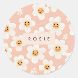 Monogram Personalisiert Smile Daisy Floral Muster Runder Aufkleber