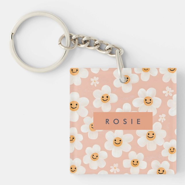 Monogram Personalisiert Smile Daisy Floral Muster Schlüsselanhänger (Vorderseite)