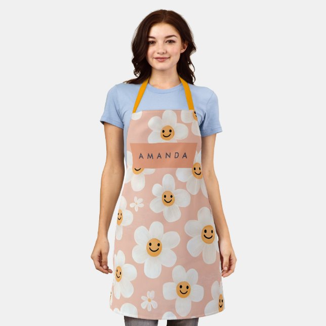 Monogram Personalisiert Smile Daisy Floral Muster Schürze (Getragen)