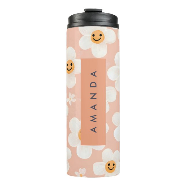 Monogram Personalisiert Smile Daisy Floral Muster Thermosbecher (Vorderseite)