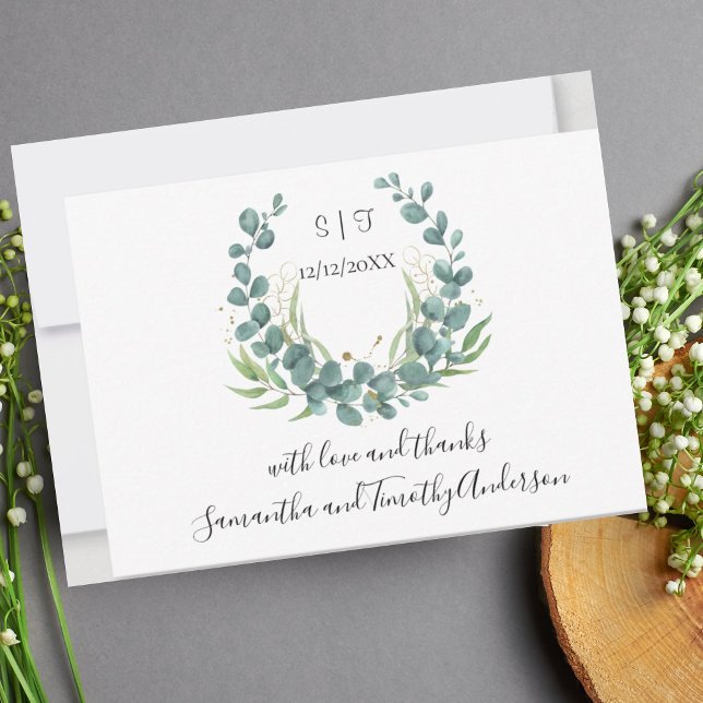 Monogram personalize Eukalyptus Script Wedding Dankeskarte (Von Creator hochgeladen)