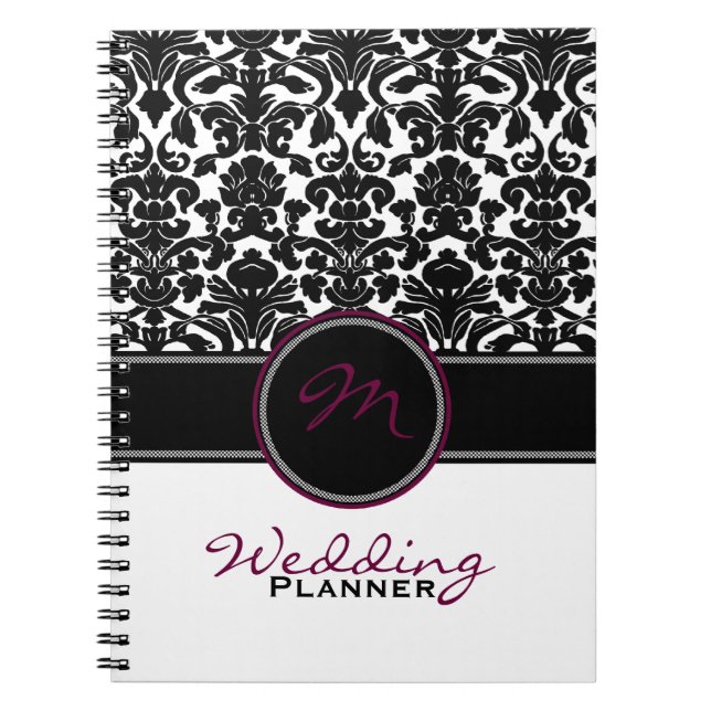 Monogram Pflaume Schwarz-weiß Damask Hochzeitsplan Notizblock (Vorderseite)