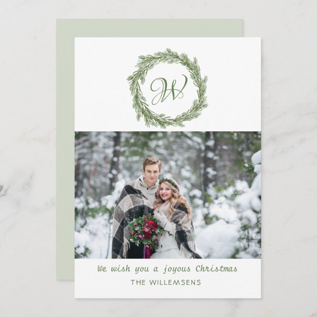 Monogram Pine Wreath Christmas Foto Feiertagskarte (Vorne/Hinten)