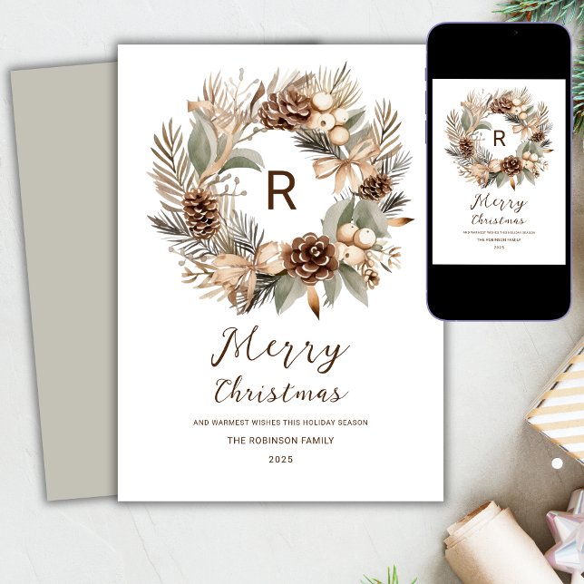 Monogram Pinecone Winter Wreath Frohe Weihnachten (Von Creator hochgeladen)