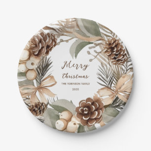 Monogram Pinecone Winter Wreath Frohe Weihnachten Pappteller