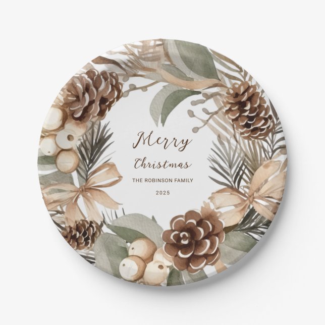 Monogram Pinecone Winter Wreath Frohe Weihnachten Pappteller (Vorderseite)