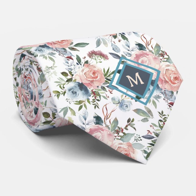 Monogram Pink and Ice Blue Rose Neck Tie Krawatte (Gerollt)