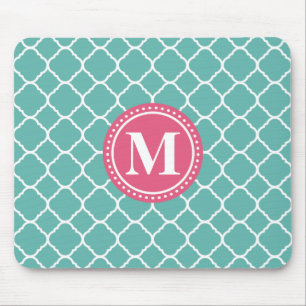 Monogram Pink Aquamarin Blue Quatrefolienmuster Mousepad