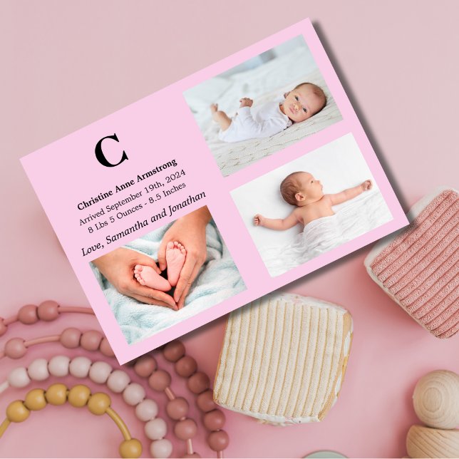 Monogram Pink Baby Girl Geburtskarte Einladung (Von Creator hochgeladen)