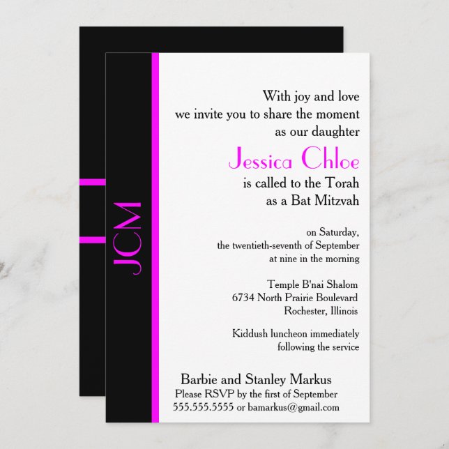 Monogram Pink Black Bat Mitzvah Einladung (Vorne/Hinten)