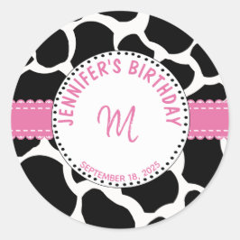 Monogram Pink Black Cow Print Birthday Name Runder Aufkleber